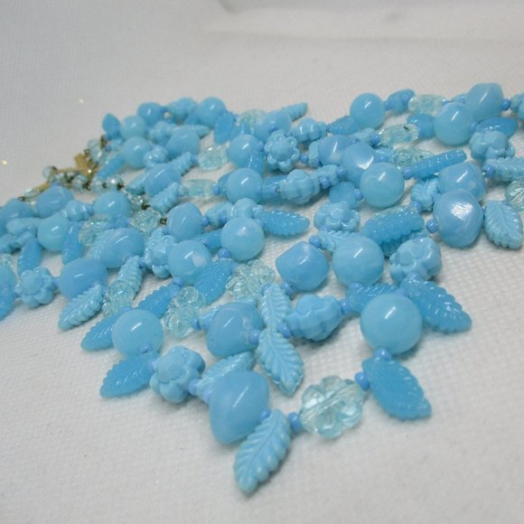 SIGNED W GERMANY NECKLACE Triple Strand Blue Flower Necklace Fruit Salad Beaded - Picture 8 of 12